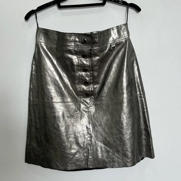 Zara Silver Button-Front Leather Pencil Skirt - Picture 3 of 8